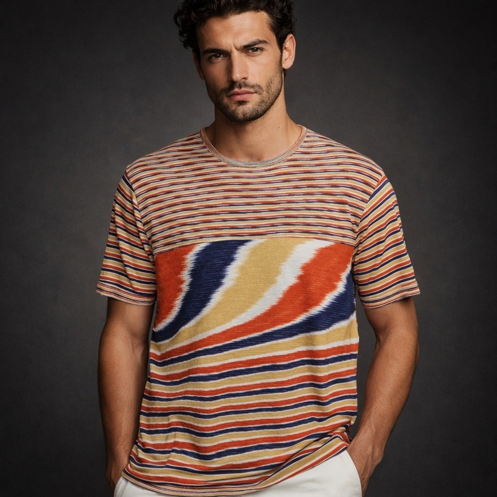 VTG Missoni Abstract Wavy Tie-Dye‎ Pattern Mens L Luxury 90s Signature Knit Tee